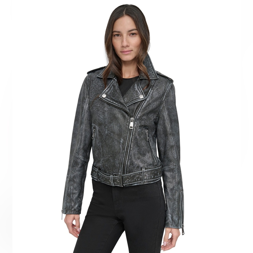 DKNY Jeans Charcoal Leather Moto Jacket